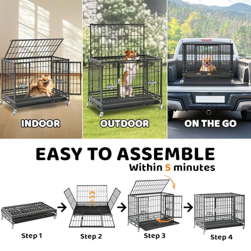 Homey Pet 37 Inch Heavy Duty Dog Crate Indestructible, Collapsible Dog Cage with Lockable Wheels, Removable Tray, High Anxiety Dog Kennel Indoor, Two Tiers Stackable Dog Crates for Medium Dogs - size: 37"L - 2 Tiers