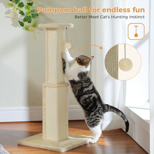 PAWZ Road Large Cat Scratching Post 32” Tall Scratching Post for Indoor Cats Adults Ultimate Scratch Post with Woven Sisal, Large Base and Removable Dangling Ball- Beige - color: Beige