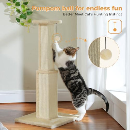 PAWZ Road Large Cat Scratching Post 32” Tall Scratching Post for Indoor Cats Adults Ultimate Scratch Post with Woven Sisal, Large Base and Removable Dangling Ball- Beige - color: Beige