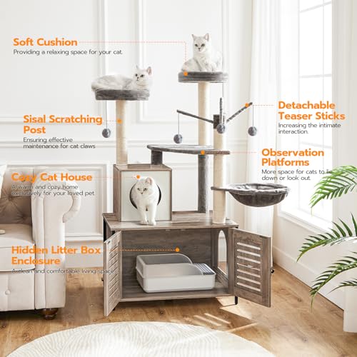 HOOBRO Cat Tree with Litter Box Enclosure, 27.6" L x 18.9" W x 52" H, All-in-One Wooden Cat Tower, Cat Furniture for Indoor Cats, Cat Condo with Hammock, Detachable Teaser Sticks, Greige BG14MZ03 - color: Greige
