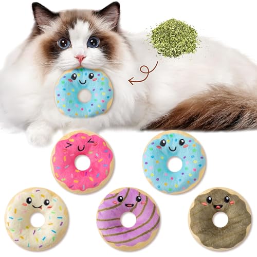 Donut Catnip Stuffed Toys for Cats - 5Pcs Pet Days Funny Dessert Organic Cat Toys Pet Supplies, Indoor Cats Chew Bite Teething Tools Kittens Catmint Birthday Present Interactive Supplies - style: Cute Donut