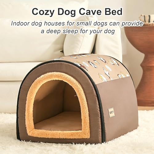 Jiupety Indoor Dog House, 2 in 1 Portable Foldable House Bed with Cover, Pet Tent & Cave Bed for Small Medium Dog, L(21"×17"×15"), Up to 16 Lb, Brown - style: L