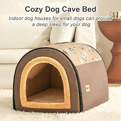 Jiupety Indoor Dog House, 2 in 1 Portable Foldable House Bed with Cover, Pet Tent & Cave Bed for Small Medium Dog, L(21"×17"×15"), Up to 16 Lb, Brown - style: L