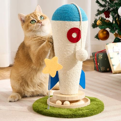 Cat Scratching Post, Rocket Cute Sisal Cat Scratcher with Durable Solid Wood Turntable Toy, Cat Scratch Post Red Cat Scratcher with Spinning Star Toy for Indoor Adult Cats - color: Blue Rocket