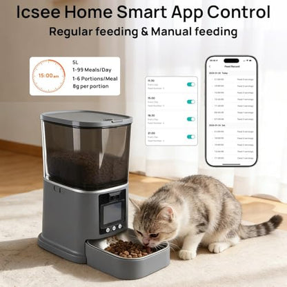 5L Automatic Cat Feeder with Camera, Two-Way Video 3MP HD & Audio, 5G WiFi Automatic Dog Feeder with Night Vision, Cat Food Dispenser with Dog Food Container for Multiple Pets (Grey, 5L) - color: Grey