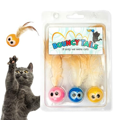 Bouncy Tails 3-Pack Cat Ball Toy with Natural Feathers, Interactive Cat Toys for Bored Indoor Adult Cats, Feather Cat Toy for Indoor Cats and Playful Kittens