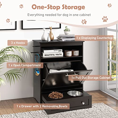 Dog Food Cabinet Feeding Station with 2 Raised Bowls, Pull Out Elevated Dog Bowl, Storage, 3 Hangers, Pet Feeder Toy Leashes Organizer, Brown - color: Brown