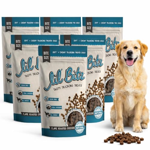 Lil' Bitz Flame Roasted Chicken Training Treats for All Dog Breeds - Low Calories, Grain Free, Natural Ingredients, NASC Compliance - Perfect Reward for Dogs of Every Size (6 Pack) - size: 4 Ounce (Pack of 6)