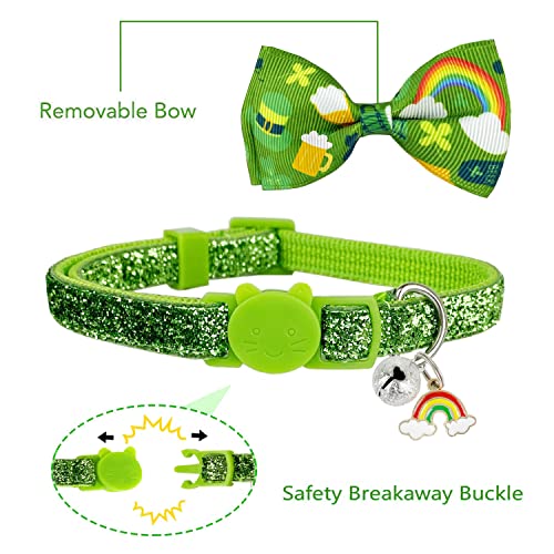 2 Pack St. Patrick's Cat Collar with Bow Tie and Bell, Kitty Kitten Breakaway Lucky Irish Shamrock Collar for Girls and Boys Male Female Cats (The Lucky One)