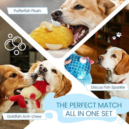 Nocciola Tough Dog Toys, Squeaky Dog Toys to Keep Dogs Busy with Two Resistant Layer & Crinkle Sound, Googly Eyed Fish Gang Puppy Teething Toys for Small, Medium, Large Breeds - color: 3 Different Fish, size: Googly Eyed Fish Gang