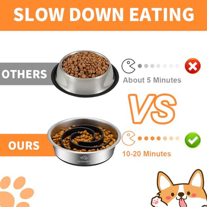 2-in-1 Metal Dog Bowl with Slow Feeder Insert, Stainless Steel Dog Bowls Food Grade 304, Water Food Bowl with Anti-Slip Silicone Base for Small, Medium, Large Dogs - color: Black, size: 5 Cups