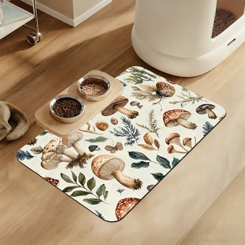 Vintage Mushroom Floral Dog Cat Food Mat–Absorbent Waterproof Placemat for Food and Water Bowls, Non Slip Rubber Backing, Feeding Mat for Clean Floors 12"x20" - color: Vintage Mushroom Floral, size: 12"L x 20"W