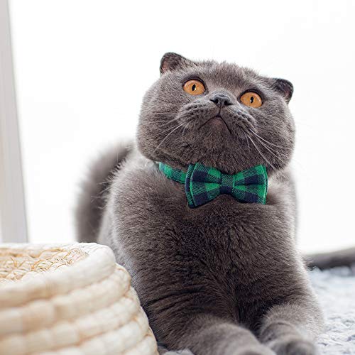 Cat Collar Breakaway with Bell and Bow Tie, Plaid Design Adjustable Safety Kitty Kitten Collars(6.8''-10.8'') (Green Plaid) - color: Green Plaid