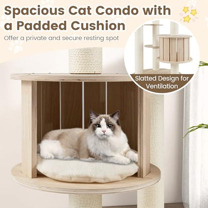 PETSITE 52 Inches Wooden Cat Tree, Multi-Level Modern Cat Tower with Scratching Posts, Space Capsule, Condo, Interactive Hanging Ball, and Top Perch with Removable and Washable Cushions