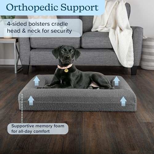 Orthopedic Dog Bed - 33x25.2 Inch Medium Dog Bed with Supportive Bolster, Nonslip Bottom, and Removable Washable Cover - Memory Foam Cushion for Medium Dogs - Pet Products by PETMAKER (Gray) - size: Medium