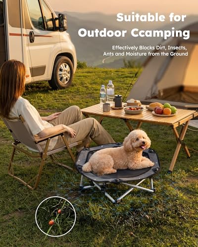 Pecute Elevated Dog Bed with Cooling Blanket, Chew Proof Outdoor Pet Cot for Small Dogs, Tool-Free Assembly & 360° Breathable Mesh for Summer Camping, Orthopedic Joint Support, M, 26×23.6×5.9" - size: M(26 × 23.6 × 5.9'')