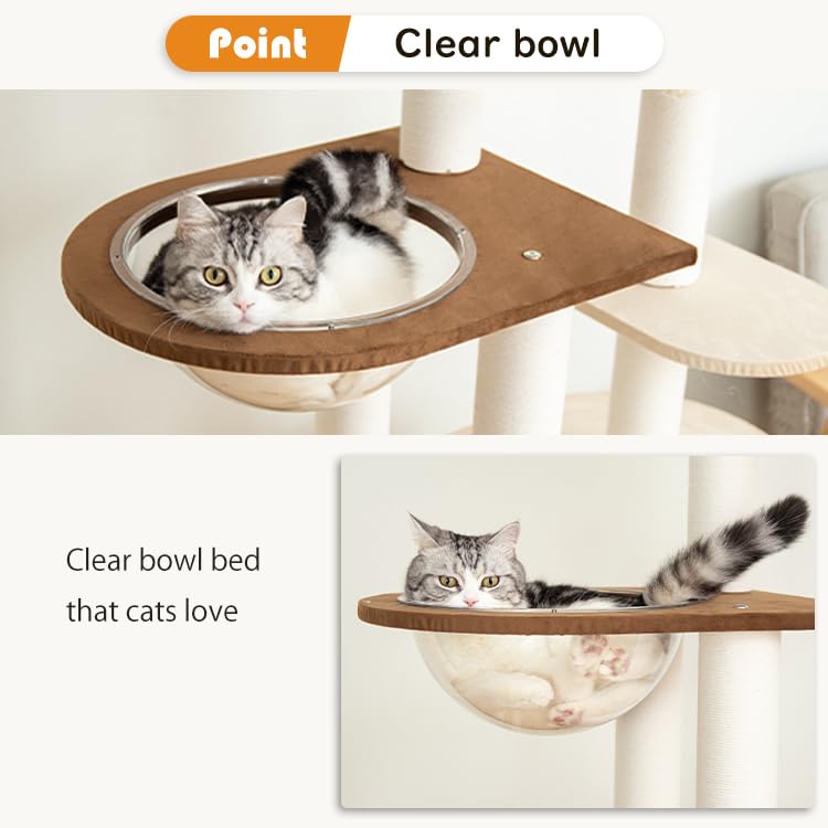 Modern Cat Tree for Large Cat, 60-Inch Tall Cat Tower with Scratching Post for Indoor Cats, Multi-Level Cat Condo with Hand-Woven Cat Bed and Acrylic Bowl (Brown-Particle Board) - color: Brown 81004D