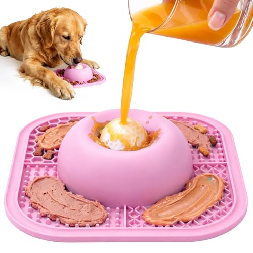 Slow Feeder Dog Bowls & Lick Mat for Liquid and Thick Treat, Anti-Slip Dog Lick Bowl with Interactive Rolling Ball, 5/6 Cup Pup Licking Toy for Large Medium Small Dogs and Cats Pink - color: Pink
