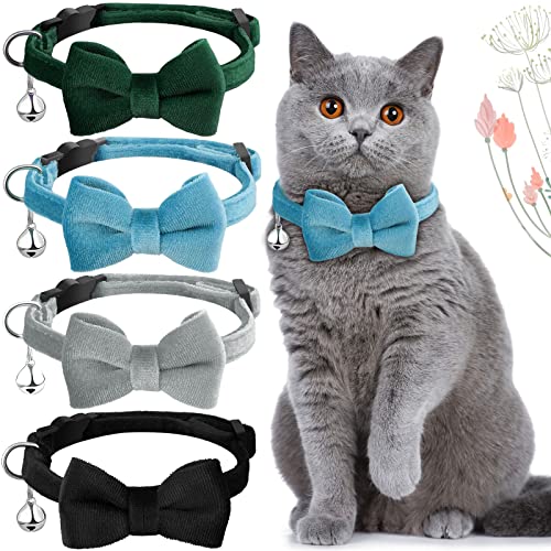 4 Pieces Cat Bow Tie Collar with Bell Breakaway Cat Comfortable Velvet with Cute Safety Pet Collar for Pet Kitten Puppy(Medium,Black, Gray, Dark Green, Blue) - color: Black, Gray, Dark Green, Blue, size: Medium