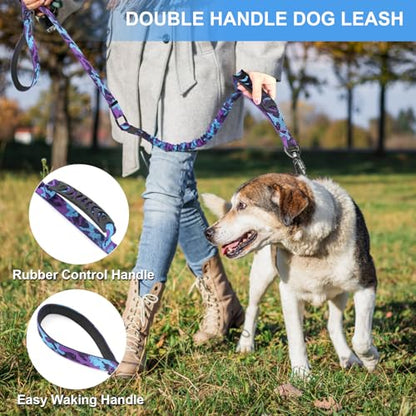 2 Pack Heavy Duty Dog Leash for Medium Large Dogs that Pull,4-6FT Shock Absorbing Bungee Tactical Dog Leash with 2 Padded Handle Car Seatbelt,Reflective Walking Training Lead,Purple Camo - color: 2-Pack Purple Camo