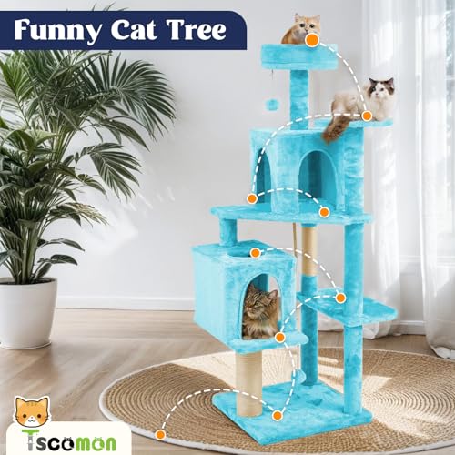 58.5inch Large Cat Tree Tower Condo for Indoor Cats, Soft Plush Multi-Level Climbing Tree Cat House, Scratching Post, More Entrance/Exit, Sisal Rope, Peacock Blue - color: Peacock blue
