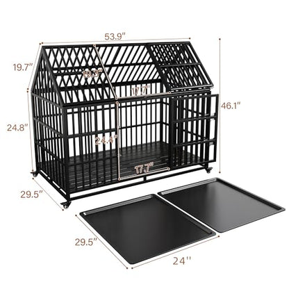 54 Heavy Duty Dog Crate with Mat, Escape Proof Dog Kennel Indoor, High Anxiety Dog Cage with Double Door, Extra Large Crate for Large Dogs with Removable Tray - size: 54''