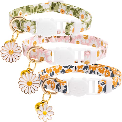 Faygarsle 3 Pack Cotton Safe Breakaway Cat Collars with Bell Daisy Charm Green Orange Pink Kitty Kitten Cute Cat Collars for Girl Cats Female Cats - color: Pink&Green&Orange3.0