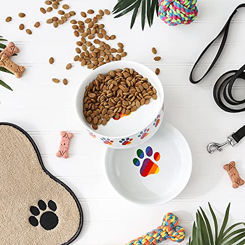 Bone Dry Ceramic Food Bowls, Non-Slip & Dishwasher Safe, Large Set, 7.5x2.4, Rainbow Paw, 2 Count - color: Rainbow Paw, size: Large Set, 7.5x2.4"