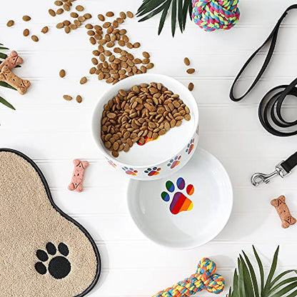 Bone Dry Ceramic Food Bowls, Non-Slip & Dishwasher Safe, Large Set, 7.5x2.4, Rainbow Paw, 2 Count - color: Rainbow Paw, size: Large Set, 7.5x2.4"