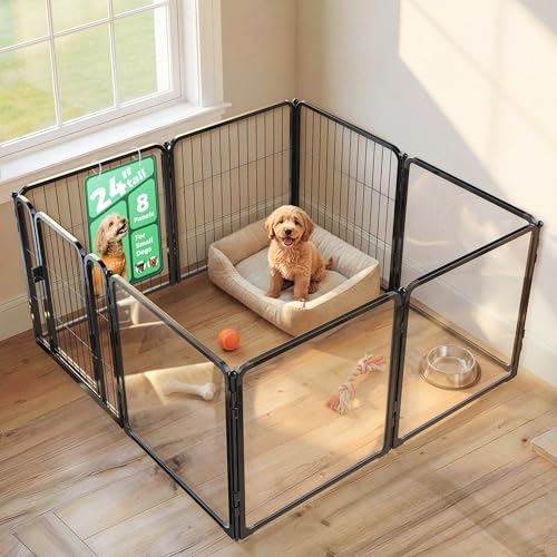 FXW AuraSpace Pro Acrylic & Wire Mesh Indoor Dog Playpen, 24" Height 8 Panels Metal Dog Pen for Puppies & Small Dogs, Black│Patented - color: Black, size: 24"H