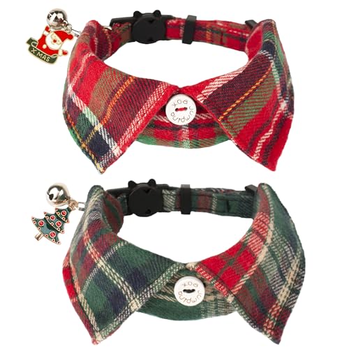 ADOGGYGO Christmas Cat Collars Breakaway with Bow Bell, 2 Pack Stylish Red Green Plaid Xmas Kitten Collar with Removable Shirt Collar, Plaid Christmas Collars for Cats Kittens - color: Christmas-3