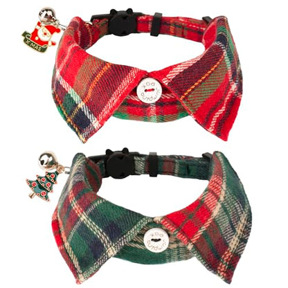 ADOGGYGO Christmas Cat Collars Breakaway with Bow Bell, 2 Pack Stylish Red Green Plaid Xmas Kitten Collar with Removable Shirt Collar, Plaid Christmas Collars for Cats Kittens - color: Christmas-3