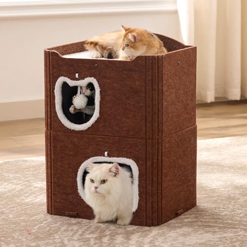 Joydeco Cat House for Indoor Cats, 2 Story Scratch Resistant Felt Cat Condo, Hideaway Pet Cave Bed with Fluffy Ball and Tunnel for Kitten, Small Dogs, Rabbits, 17.7 x 13.3 x 24, Coffee - color: Coffee, size: Double