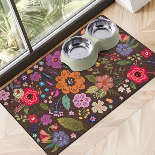 Dog Food Mats for Floors, Absorbent Dog Bowl Mat for Food and Water Dispenser, Quick Dry Cat Food Mat Pet Supplies - color: Floral Brown, size: S(12"×20")