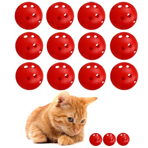 12Pcs Cat Ball Toy, Low Noise No Bells Holey Plastic Cat Balls, Funny Interactive Cats Toys for Indoor Cats, Firm Toy Balls for Kitten Puppy Ferret Bird (1.65", Red) - color: Red, 12/Pack