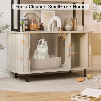 ONBRILL 54 Inch Hidden Litter Box Furniture with Shelves and Outlets,Fluted Cat Litter Box Enclosure, Mid-Century Modern Wooden Cat House with Sliding Tambour Door and Hooks, White - color: White