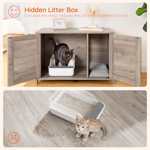 HOOBRO Litter Box Enclosure, Cat Litter Box Furniture with Removable Divider, Large Hidden Litter Box Furniture, Wooden Cat House, End Side Table, 31" L x 17.5" W x 19.7" H, Greige BG03MW01G2 - color: Greige