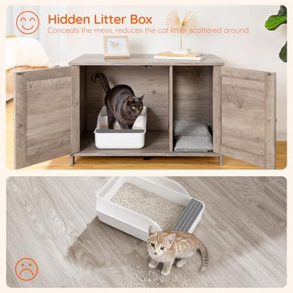 HOOBRO Litter Box Enclosure, Cat Litter Box Furniture with Removable Divider, Large Hidden Litter Box Furniture, Wooden Cat House, End Side Table, 31" L x 17.5" W x 19.7" H, Greige BG03MW01G2 - color: Greige