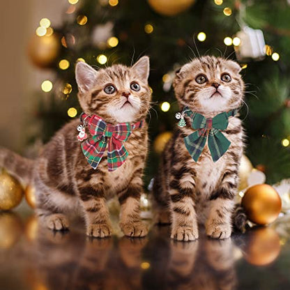 ADOGGYGO Christmas Cat Collars Breakaway with Removable Bow Tie, 2 Pack Red Green Plaid Christmas Collar for Cats Kittens - color: Christmas-2