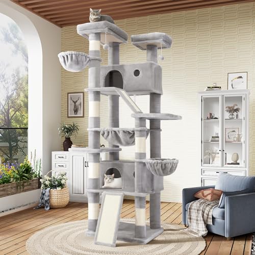 SHA CERLIN 81in Multi-Level Tall Cat Tree Tower for Indoor Kitties/Larger Cat Condo Furniture with Hammock/Cozy Pussycat Perches/Sisal Scratching Posts/Pet House/Wide Base/Grey - color: Grey