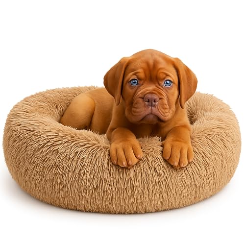 Calming Dog Bed - Fluffy Donut Cuddler for Anxiety Relief, Orthopedic Pet Bed with Non-Slip Bottom, Cozy Round Faux Fur Nest for Dogs and Cats, Plush Crate Mat for Comfort (Camel, Small) - color: Camel, size: Small
