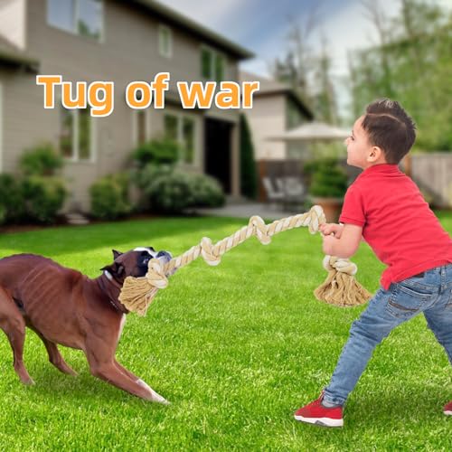 Bmag Dog Rope Toys for Aggressive Chewers, Interactive Heavy Duty Dog Toys for Medium Large Dogs, Tough Twisted Rope Toy with 5 Knots(Beige) - color: Beige