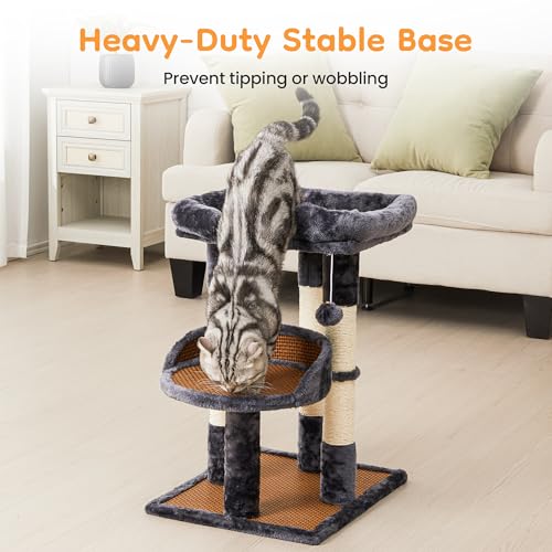 Multi-Level Cat Tower with Scratching Posts, Cat Tree with Double Cat Bed & Hanging Toys, Cute Climbing Tower with Sisal Scratcher for Kittens & Adult Cats, Grey - color: Grey