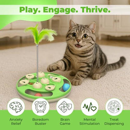 3 in 1 Cat Treat Puzzle Feeder, Level 3 Interactive Cat Puzzle Toy with Track Balls, Feather Teaser & Slow Feeder Insert, Non-Slip Base, Mental Stimulation for Bored Indoor Cats, Green - color: Green