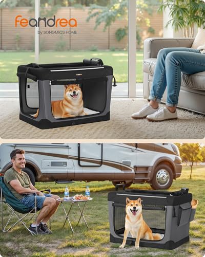Feandrea Collapsible Dog Crate, 30-Inch Portable Dog Travel Crate for Medium Dogs, Oxford Fabric Pet Carrier with 4 Mesh Doors, Handles, Storage Pocket, Water Bottle Holder, Ink Black UPDC017B01 - size: L（30"L x 21"W x 21"H)