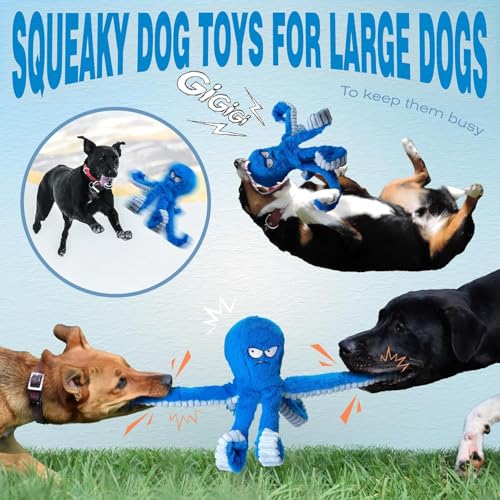 LEGEND SANDY Tough Dog Toys, Stuffed Chew Large Dog Toys to Keep Them Busy, Interactive Squeaky Tug of War Doggie Toy, Crinkle Blue Octopus (Blue Octopus 2p) - color: Blue Octopus 2pack