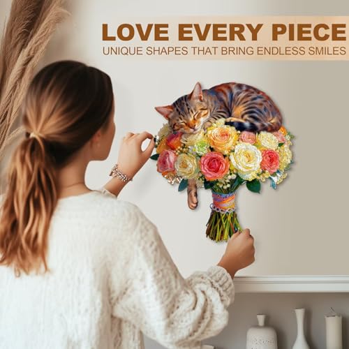 Cat Flower Bouquet Puzzles Adults Gifts Wooden 150 Pieces 11.4 * 10.3in - color: A Cat Flower Bouquet, size: Medium