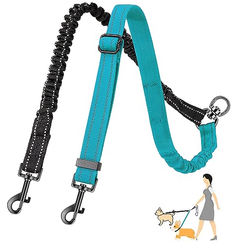 AUTOWT Two Dog Lead, 2 in 1 Upgraded Double Dog Leash Attachment Combine Adjustable Strap and Shock Absorbing Bungee No Tangle Dual Training Splitter for Different Size Dogs - color: Blue - Small
