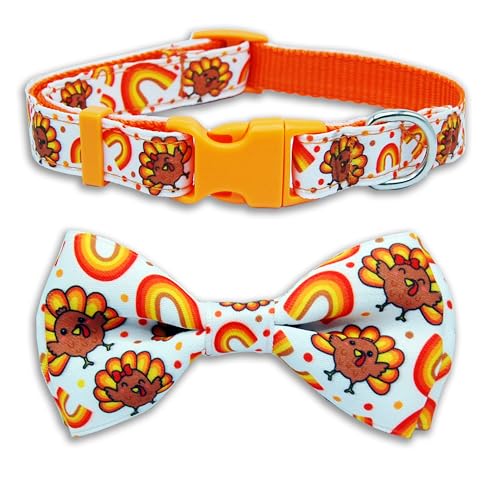 Thanksgiving Dog Collar with Bow Tie,Turkey and Rainbow Pattern Holiday Pet Collar Set for Small Medium Large Dogs, Adjustable Festive Fall Puppies - color: Thanksgiving Turkey, size: Medium-(12.5-20") Neck * 3/4" Wide