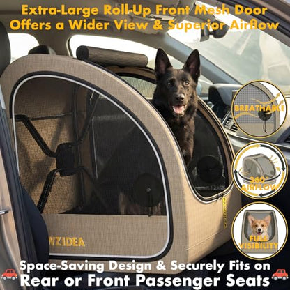 PAWZIDEA Portable Dog Crate for Car, 45% Extra Tall Travel Kennel for Medium & Large Dogs up to 80lbs Sit Upright, Enclosed Soft-Sided Backseat Carrier Collapsible, Secure w/Seatbelt & Headrest Strap - color: Khaki Plaid, Large